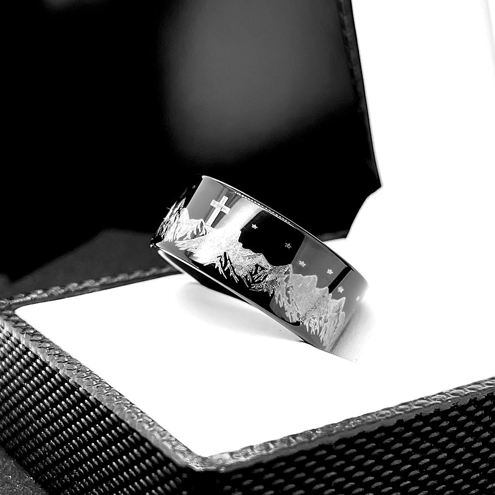 Black Tungsten Ring featuring Mountains Range with Cross on the Pick Ocean Wave  Pattern Tungsten Wedding Bands for His, hers