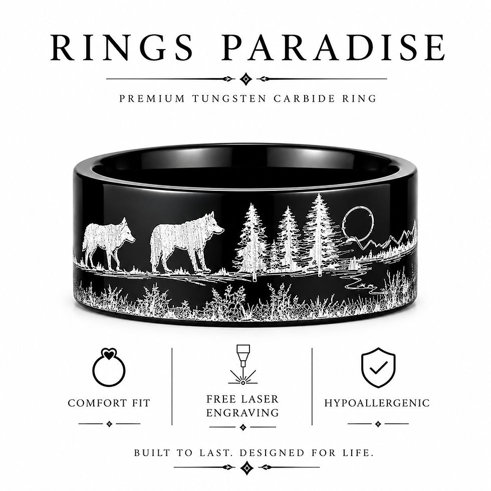 wolf and forest animals ring black tungsten wedding band 8mm