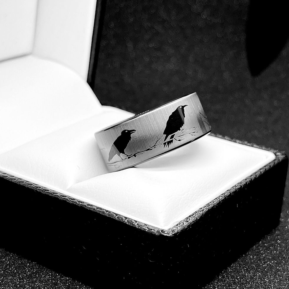 Thumbnail: Ravens on the Bushes Pattern  Engraved Black Tungsten Carbide Ring, His & Her Wedding Bands, Nature Rings, Ravens Ring