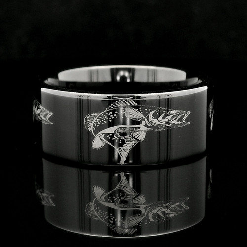 Tungsten Wedding Band | Wild Trout Fish Engraved Black Ring - 8mm