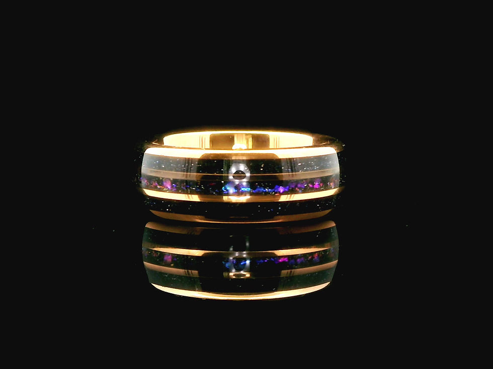 Thumbnail: 8mm rose gold tungsten ring with blue sandstone nebula inlay, men's cosmic wedding band