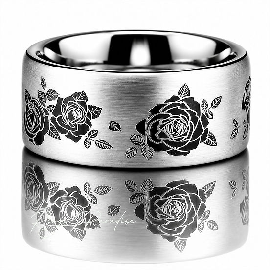 Rose Engraved Black Tungsten Wedding Band | Silver Floral