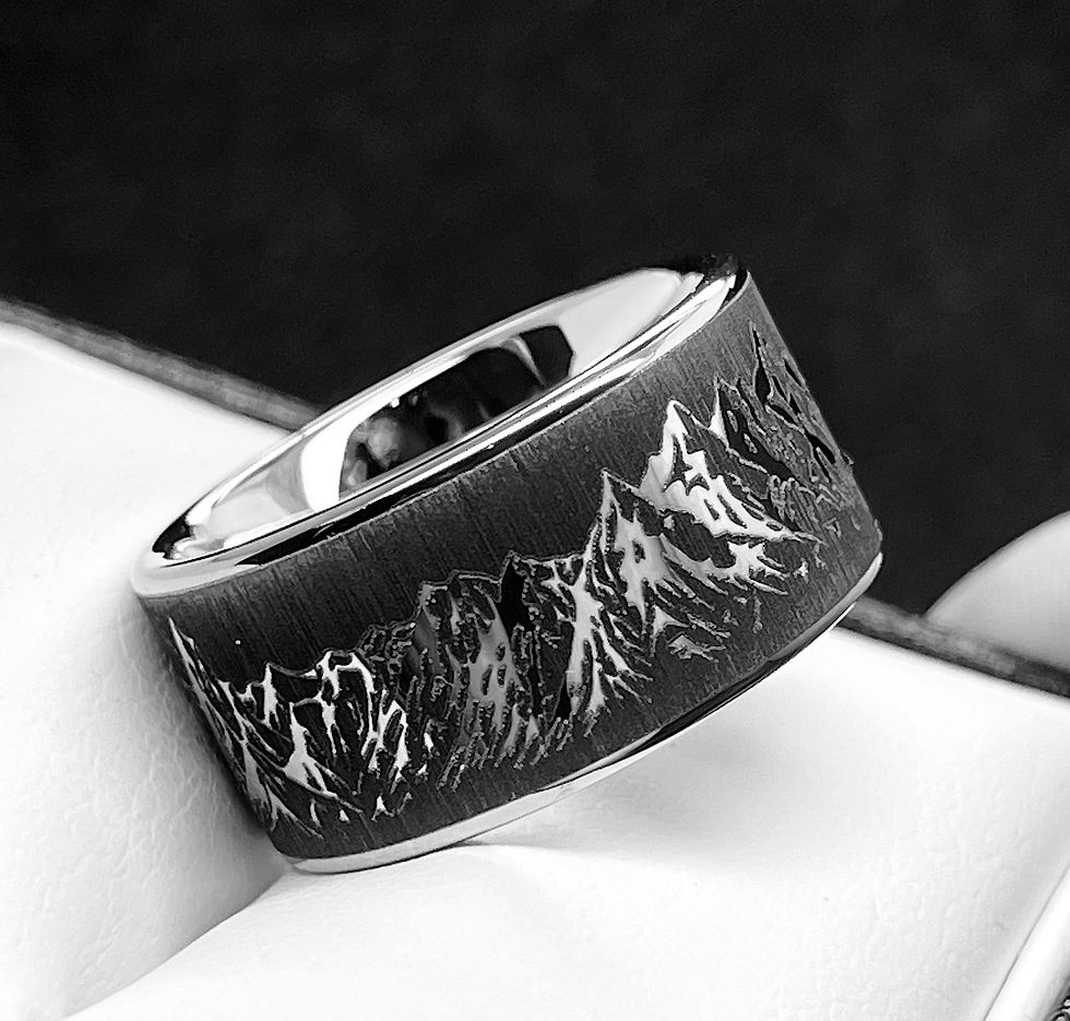 Tungsten Carbide Ring Mountains Range Pattern Engraved,  Tungsten Wedding Band, Men's Tungsten Ring, Custom Engraved Wedding
