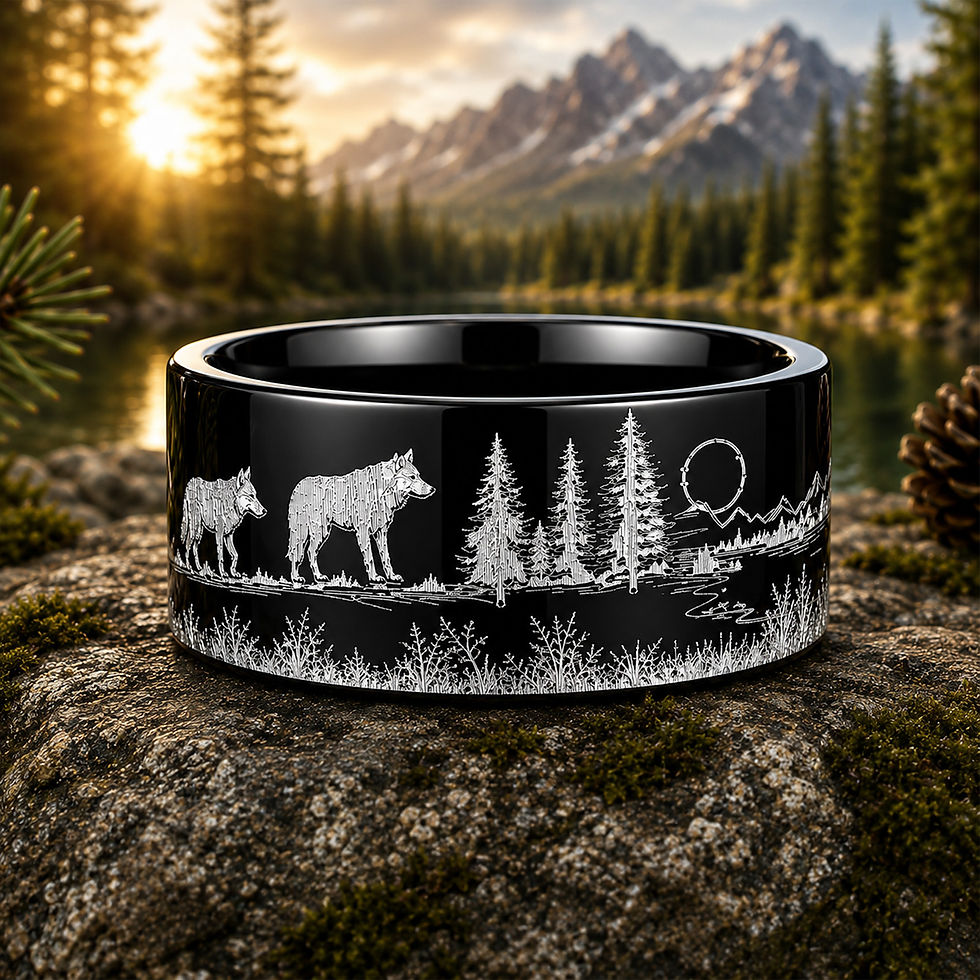 wolf and forest animals ring black tungsten wedding band 8mm