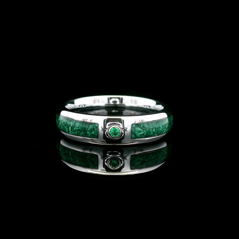Thumbnail: 6mm silver tungsten carbide ring with green malachite inlay and round green Tsavorite stone, ideal for wedding bands