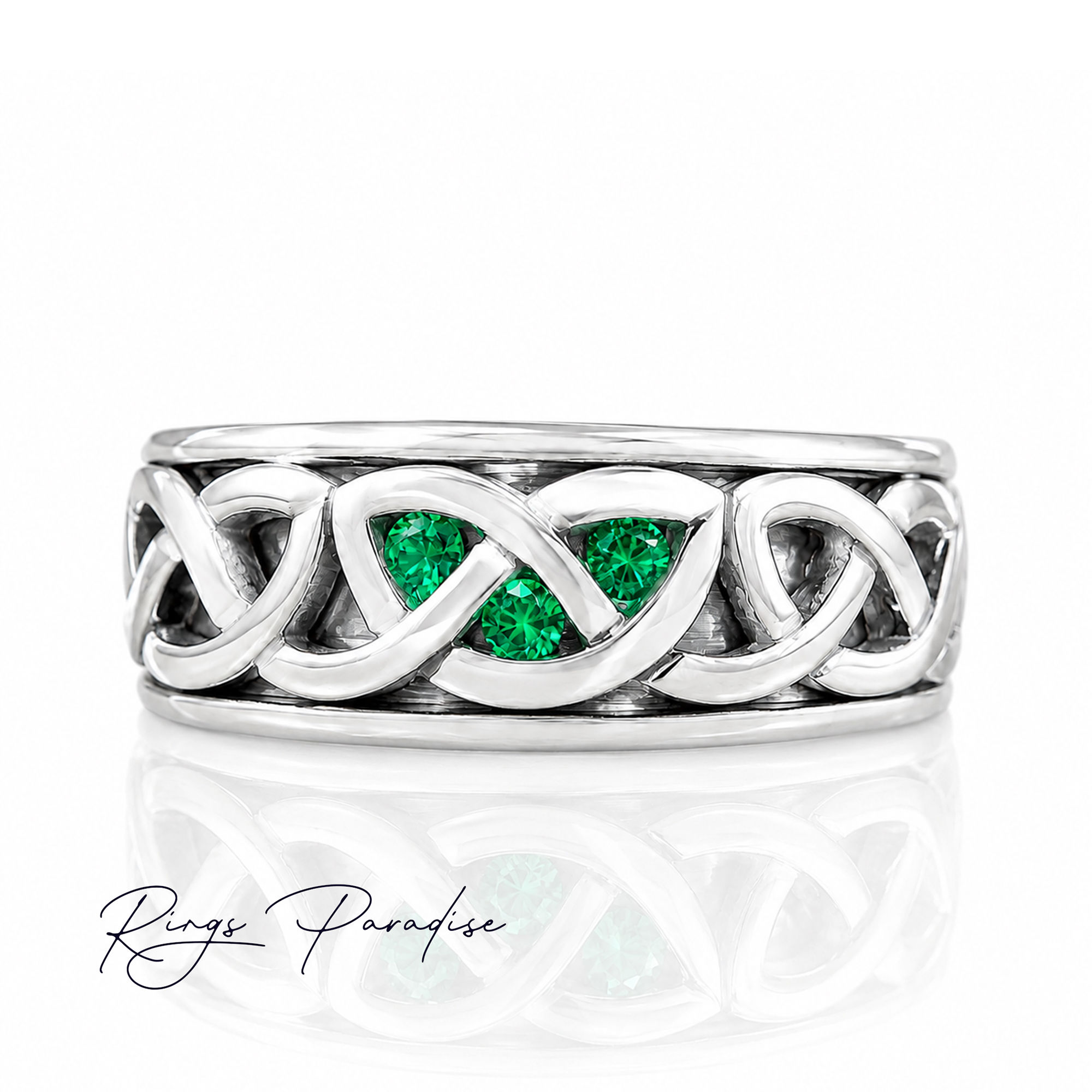 14K Gold Celtic Knot Wedding Band with Green Emerald Stones
