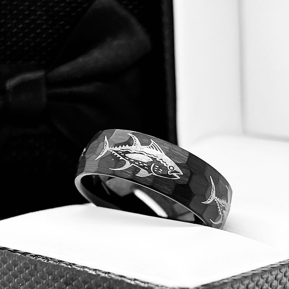 Thumbnail: Tuna Pattern Engraved Black Hammered Tungsten Ring, Mens Fashion Jewelry, 8mm, fish, tuna, custom made, personalized rings
