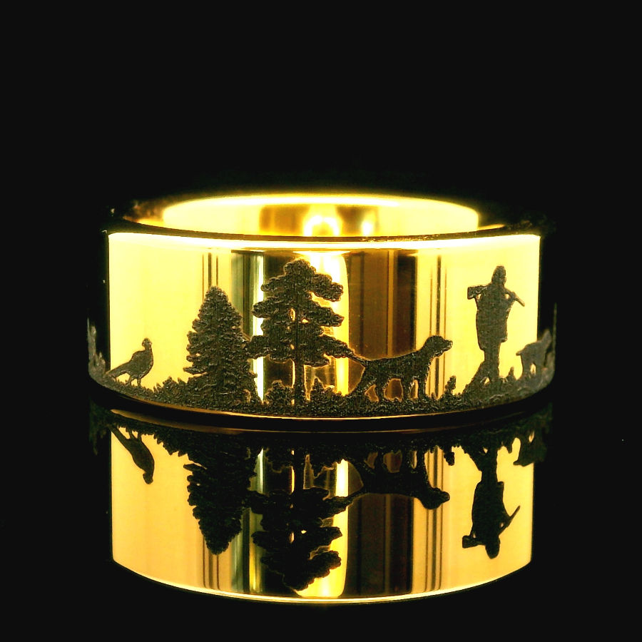 Thumbnail: Yellow Gold tungsten wedding band with engraved pheasants hunting scene, available in 8mm - 12mm, gift for him