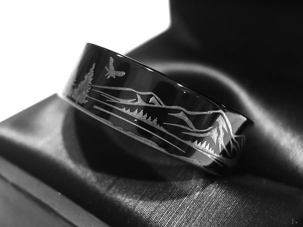 Thumbnail: Two Bear in Mountains Range Landscape Pattern Engraved Black Tungsten Ring
