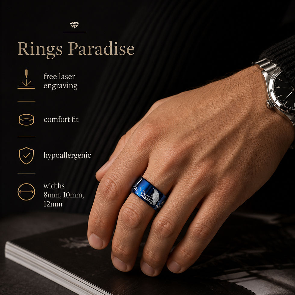 Thumbnail: raven ring blue tungsten wedding band with tree branch engraving