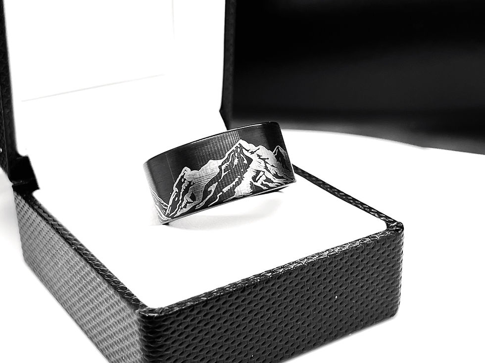 Thumbnail: 12mm Black Brushed Tungsten Carbide Ring with Mountains Range Pattern Engraving Black Tungsten Ring, Wedding Ring, Men's Ring