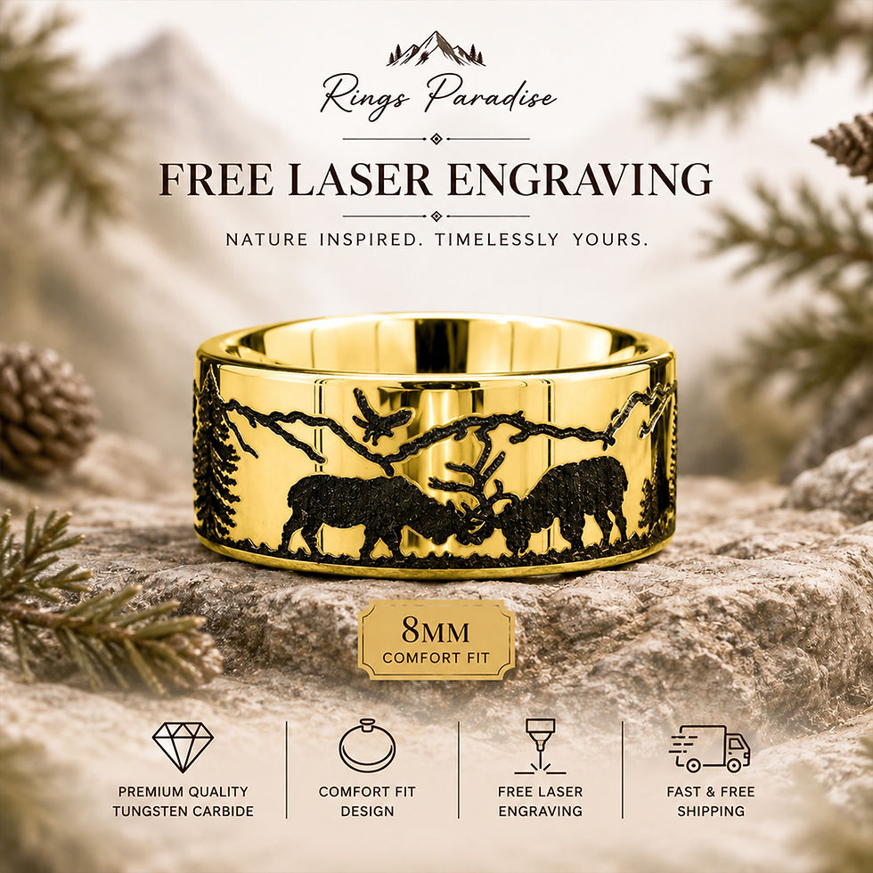 Gold tungsten carbide wedding band with detailed black laser engraving of elk, pine trees, and mountain scenery