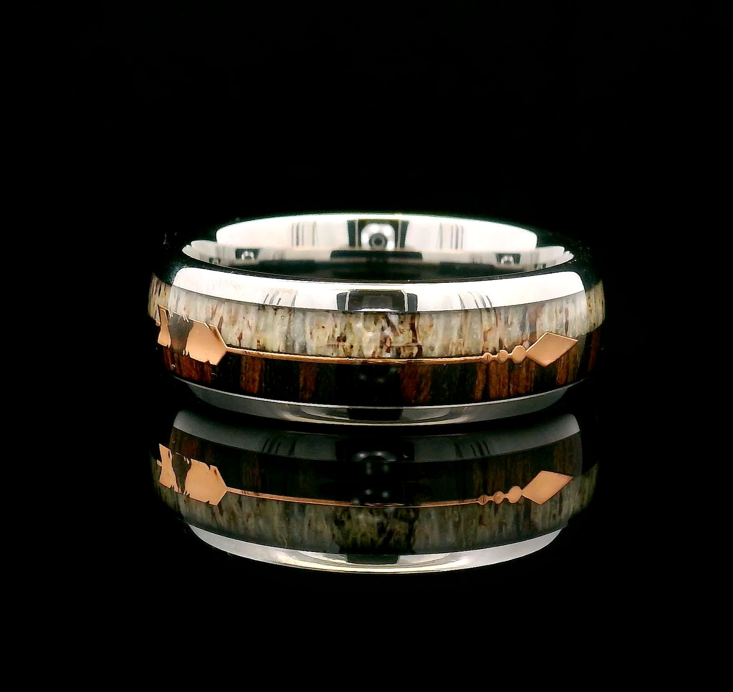 Antler and Wood Tungsten Ring with Rose Gold Arrow Inlay, Unisex Comfort Fit, 8mm Wide