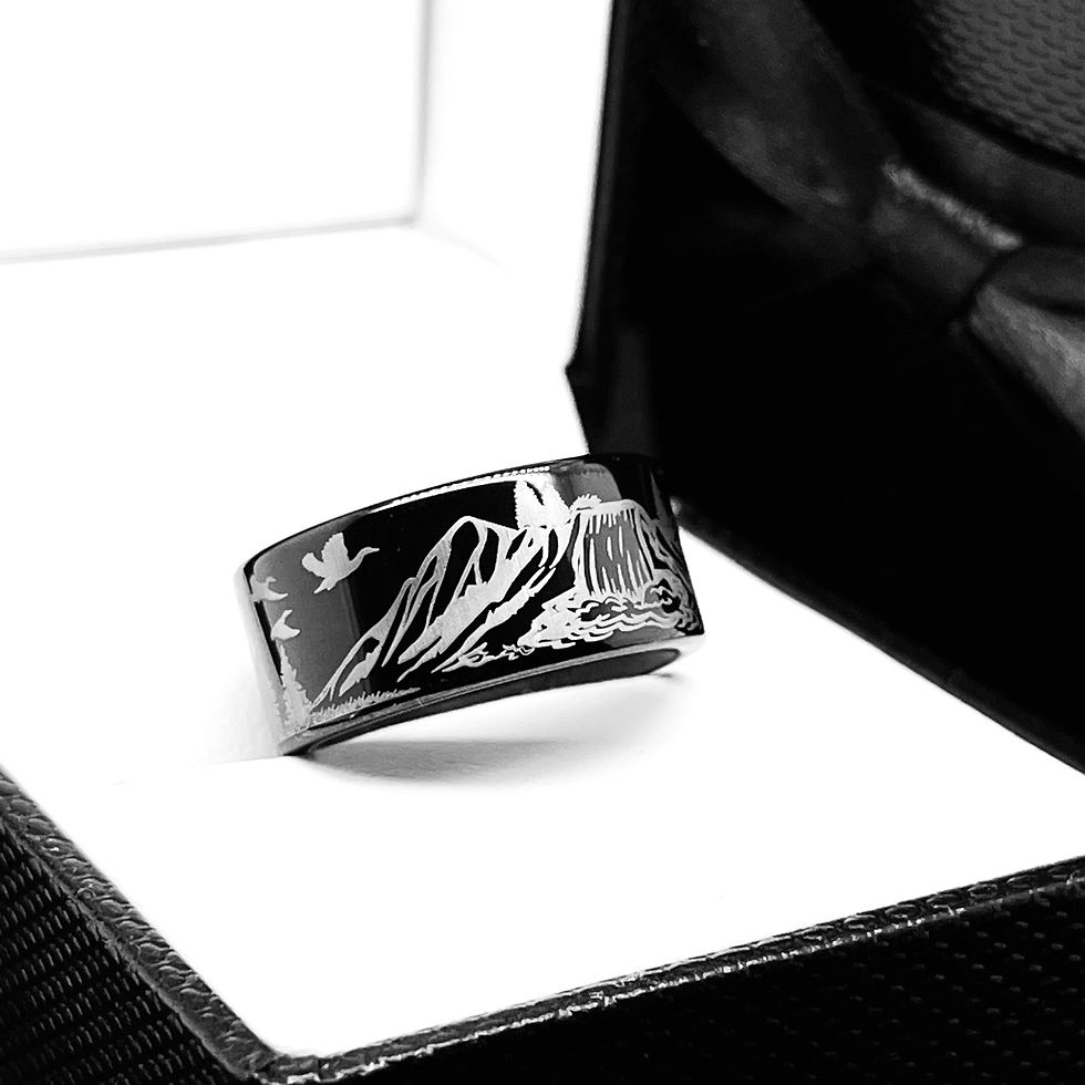 Black Tungsten Carbide Wedding Ring featuring waterfalls , flying Goose, mountains range pattern engraving, suitable for men and women, high polished, 8mm wide 