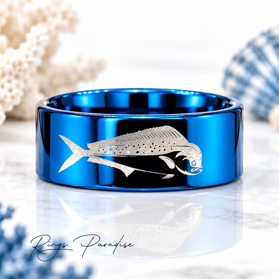 Blue tungsten fishing ring engraved with mahi mahi, sailfish and shark in a detailed silver-tone offshore fishing design