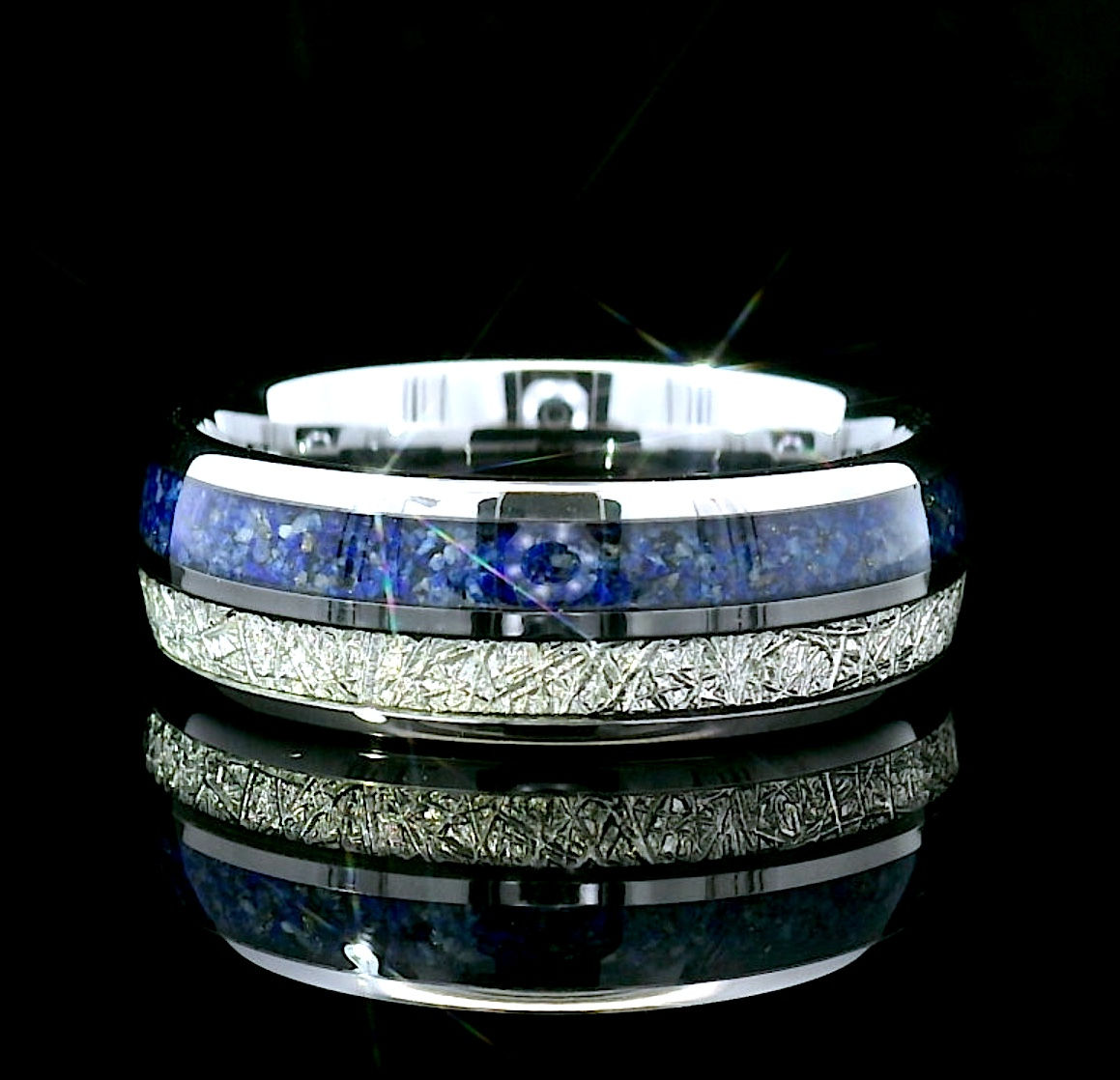 Blue Lapis and Meteorite Inlay Silver Tungsten Carbide Wedding Ring | Engagement Ring, 8mm Comfort Fit