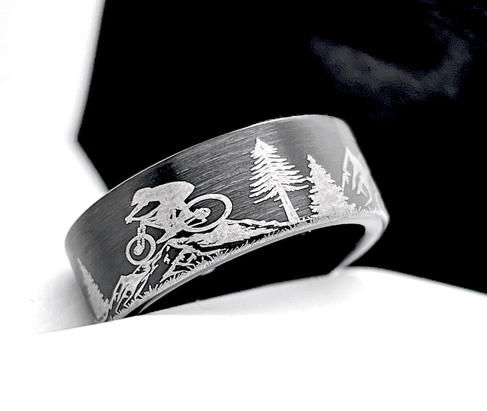 Thumbnail: Black Brushed Tungsten Carbide ring featuring Cyclist in Mountains Forest Landscape Tungsten Carbide Ring, Mens Ring, His Hers
