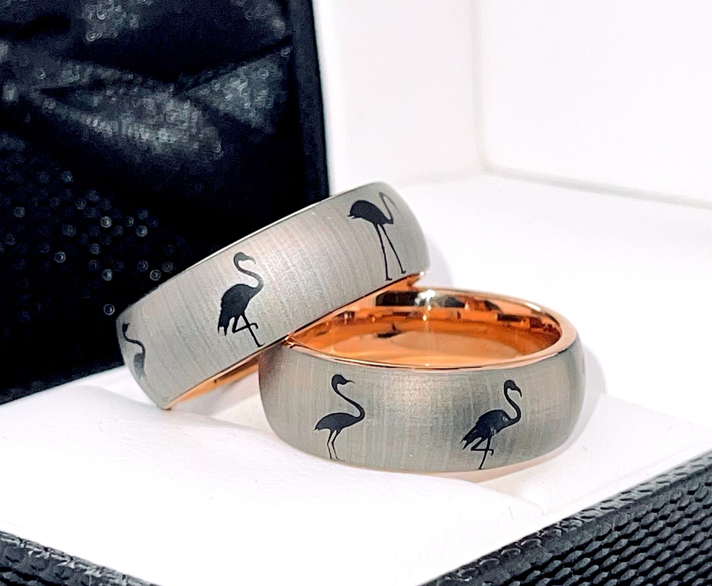 Flamingo Pattern Engraved Tungsten Ring, Matching Wedding Bands Set, Rings 8mm