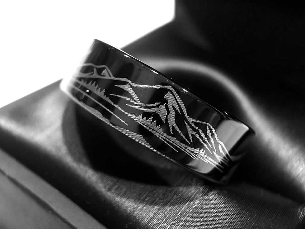 Thumbnail: Two Bear in Mountains Range Landscape Pattern Engraved Black Tungsten Ring
