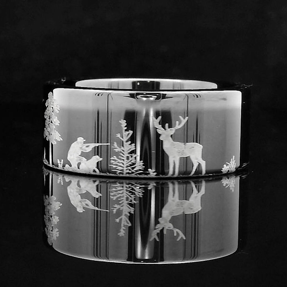Thumbnail: Black tungsten carbide ring with engraved hunting scene, men’s wedding band, durable and scratch-resistant.