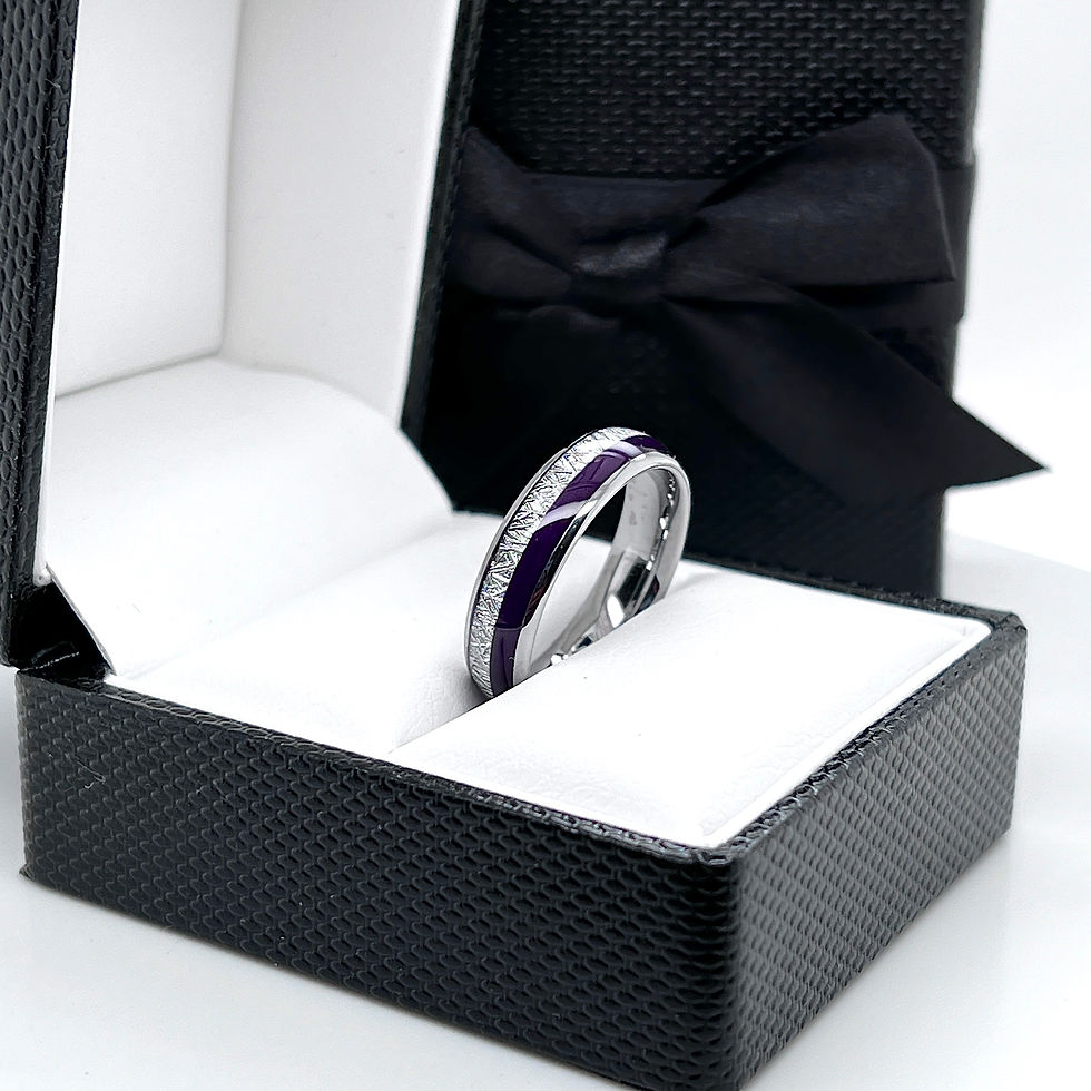 Thumbnail: Purple Agate and Meteorite Inlay Tungsten Carbide Ring, Mens and Women Rings, Matching Rings Set, 6mm