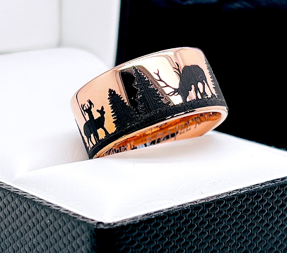 Thumbnail: Elks in the Fir Forest Pattern Engraved Tungsten Ring, Mens Ring, Women Ring, rose gold ring, tungsten Carbide wedding bands