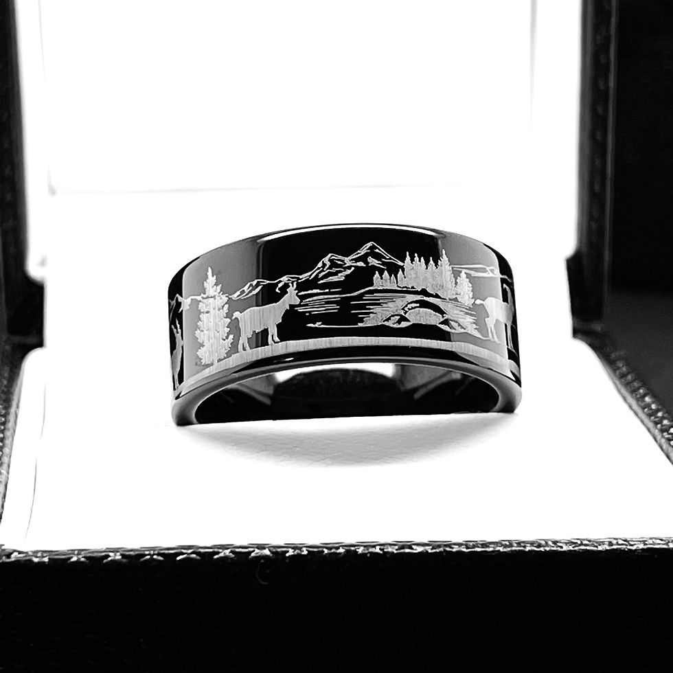 Thumbnail: Mountains Goats Pattern Engraved Black Tungsten Ring, Mens Ring, Women Ring