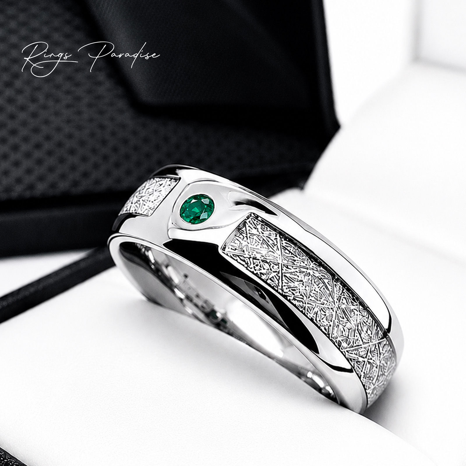 meteorite inlay silver tungsten ring with emerald stone 6mm and 8mm