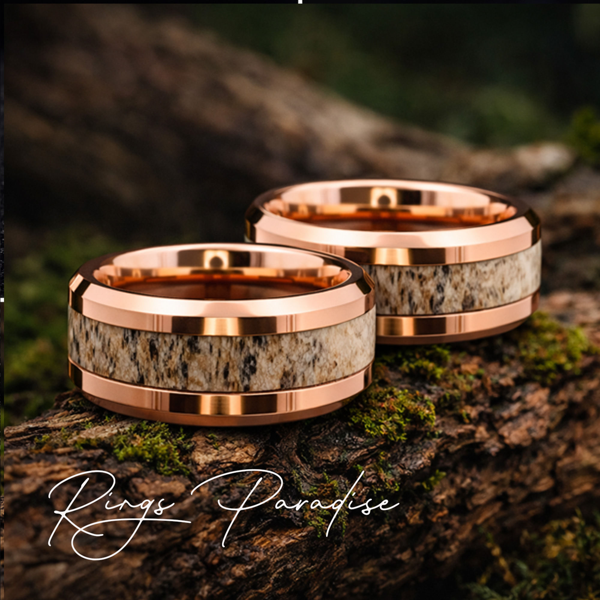 Tungsten Wedding Band Rose Gold Ring | Antler Wedding Ring – 6mm 8mm 10mm