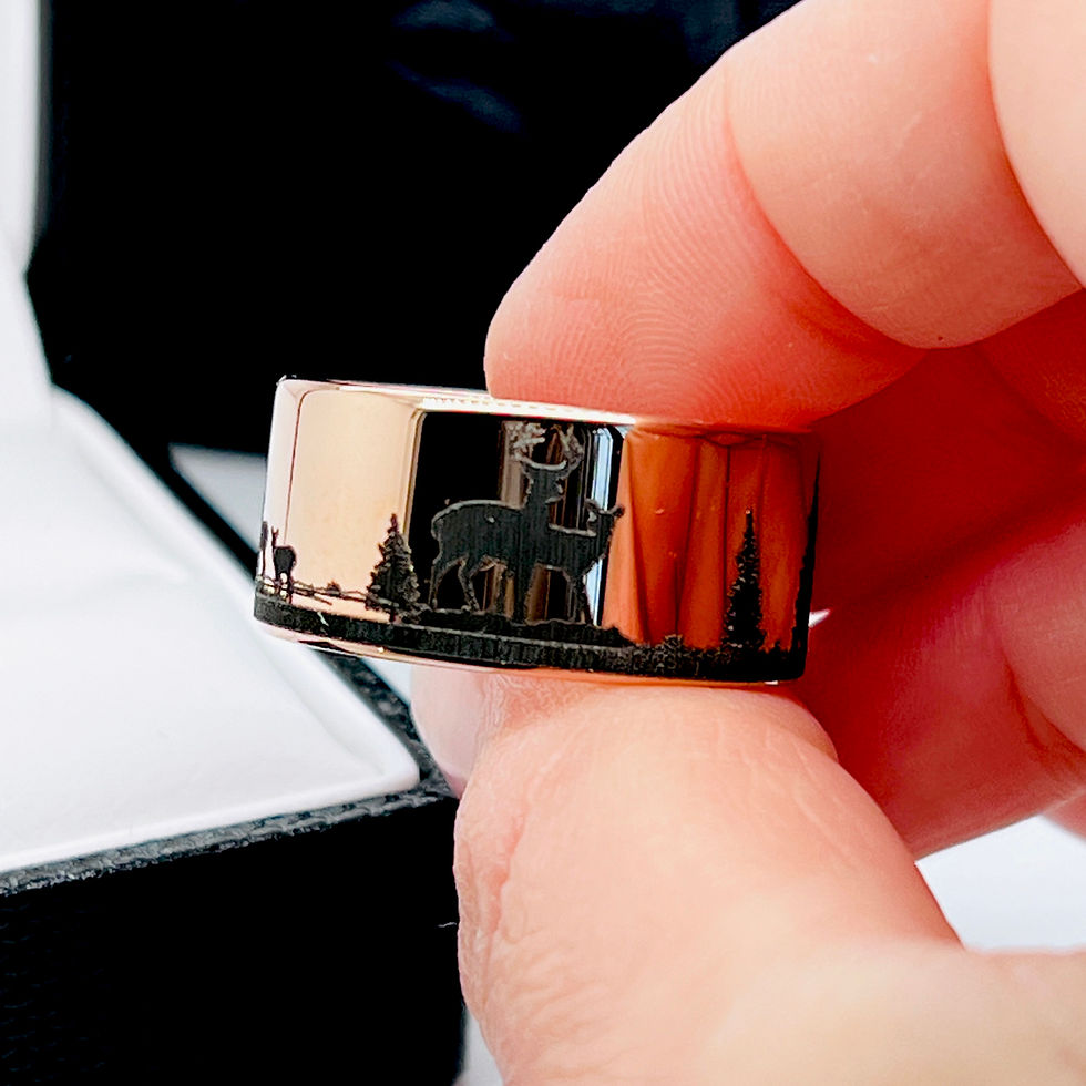 Thumbnail: Elks in the Fir Forest Pattern Engraved Tungsten Ring, Mens Ring, Women Ring, rose gold ring, tungsten Carbide wedding bands