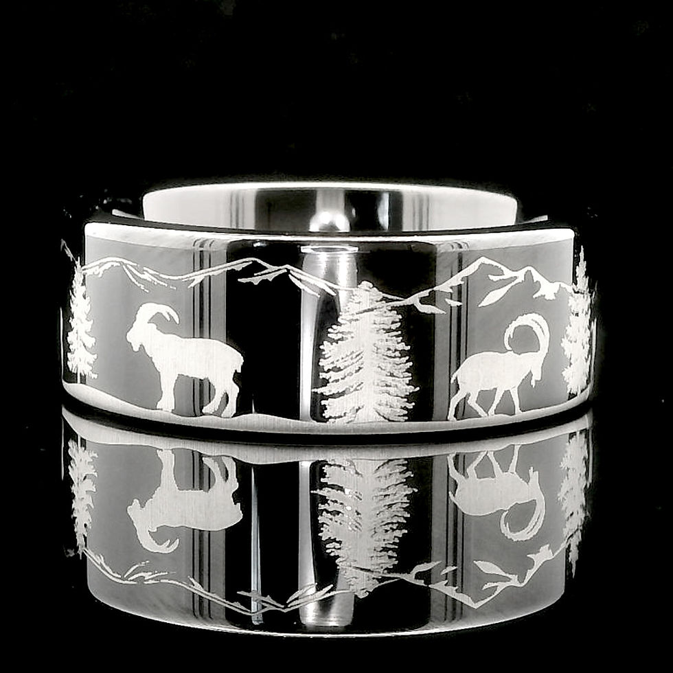 Thumbnail: Mountain Goats in Forest Pattern Engraved Black Tungsten Ring with detailed nature-inspired design, perfect for men and women