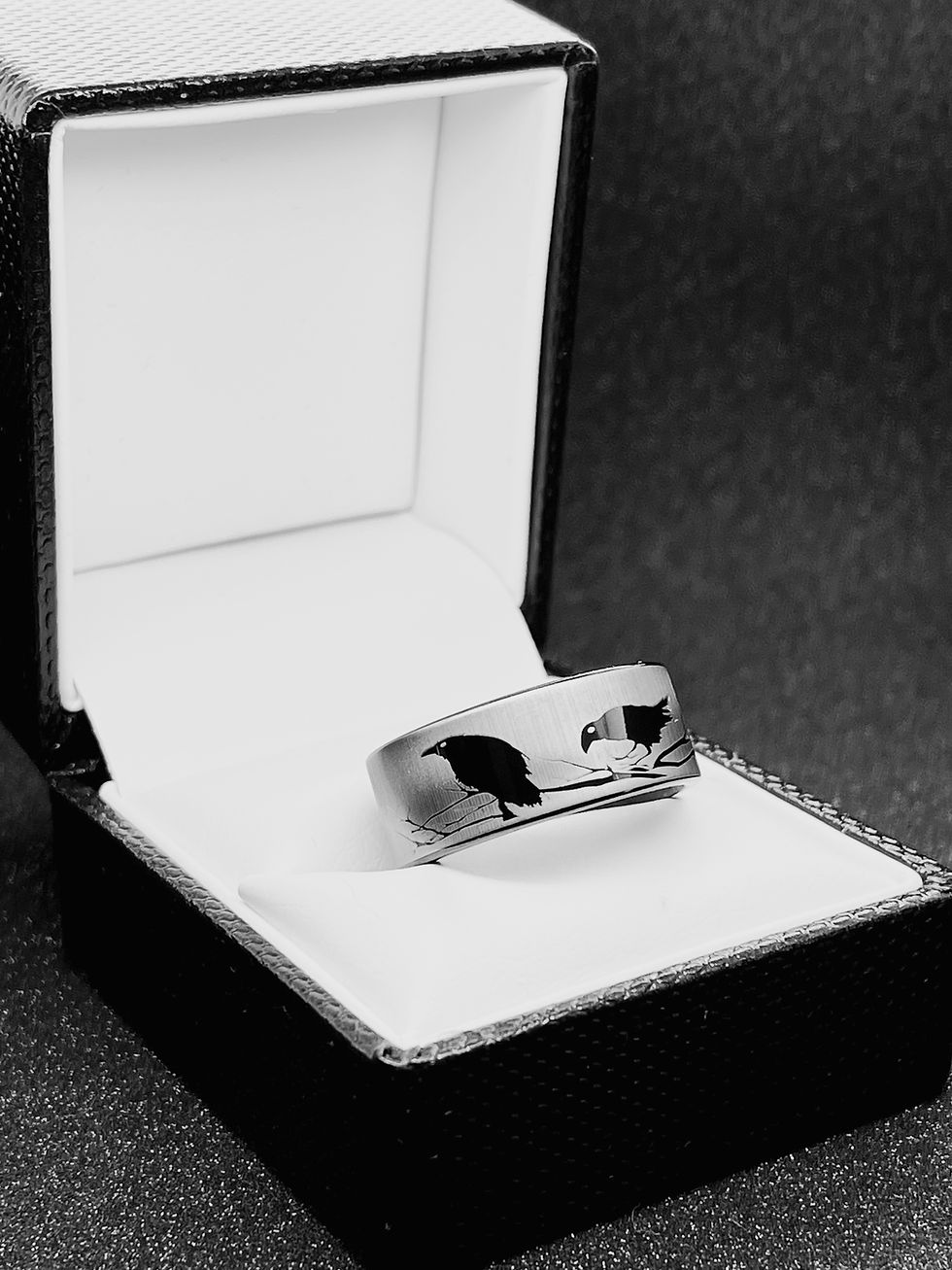 Thumbnail: Ravens on the Bushes Pattern  Engraved Black Tungsten Carbide Ring, His & Her Wedding Bands, Nature Rings, Ravens Ring