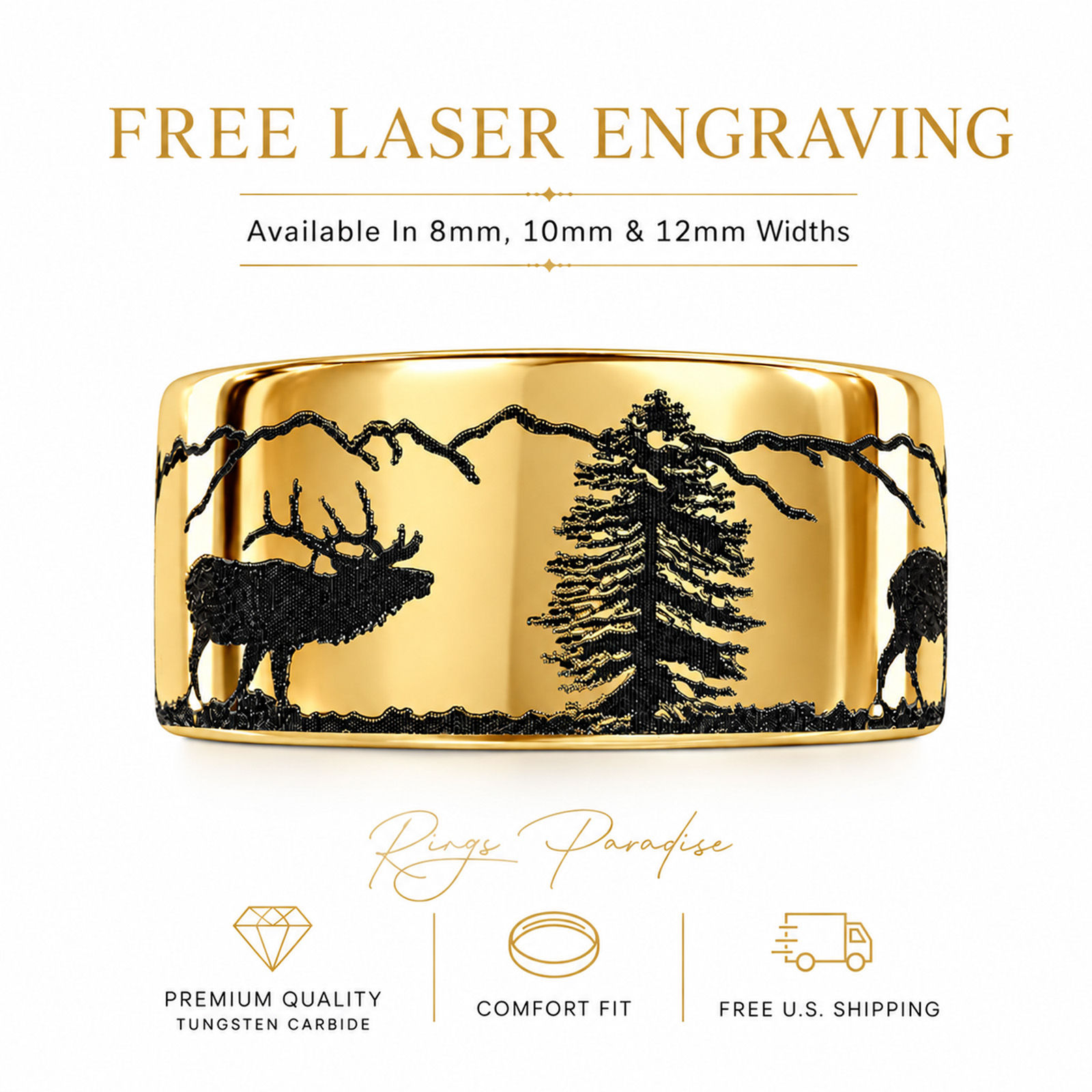 Gold tungsten carbide wedding band with detailed black laser engraving of elk, pine trees, and mountain scenery