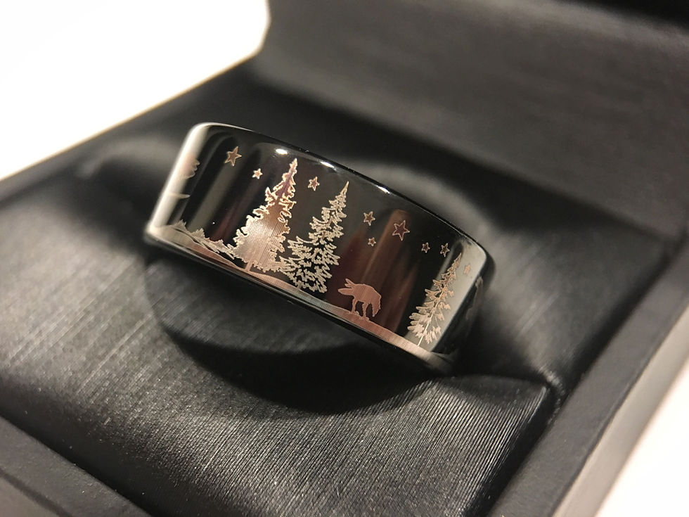 Thumbnail: Ravens Sitting on the Branches, Moon and Stars Pattern Engraved Black Tungsten Carbide Ring, Mens Ring, Wedding Band, Custom