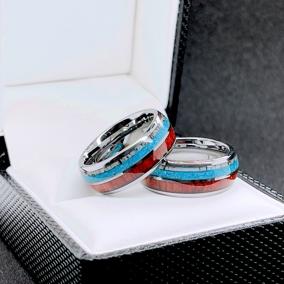 Thumbnail: Turquoise, wood and Antler Tungsten Carbide Wedding Ring, Wedding Band, Tungsten Carbide, Mens Ring, Women Ring, Engagement