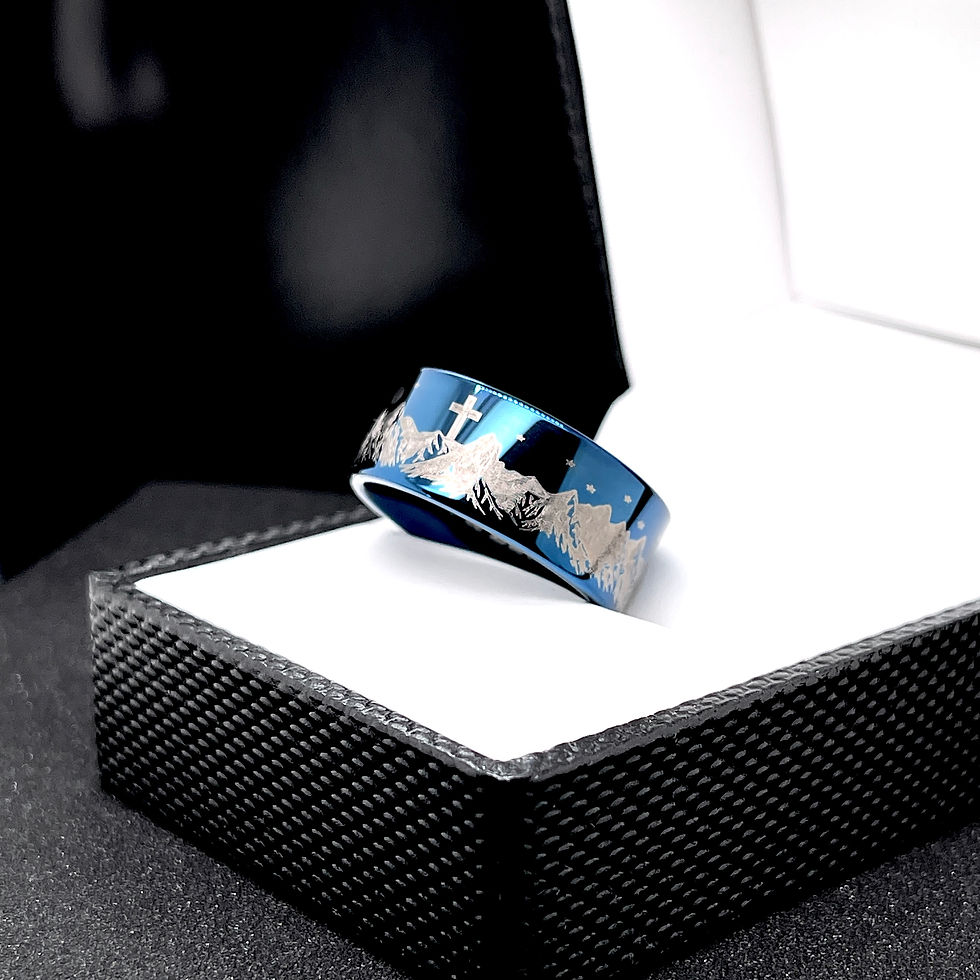 Thumbnail: Blue Tungsten Wedding Ring  adorned with Mountains, Cross, Ocean Wave Engraving