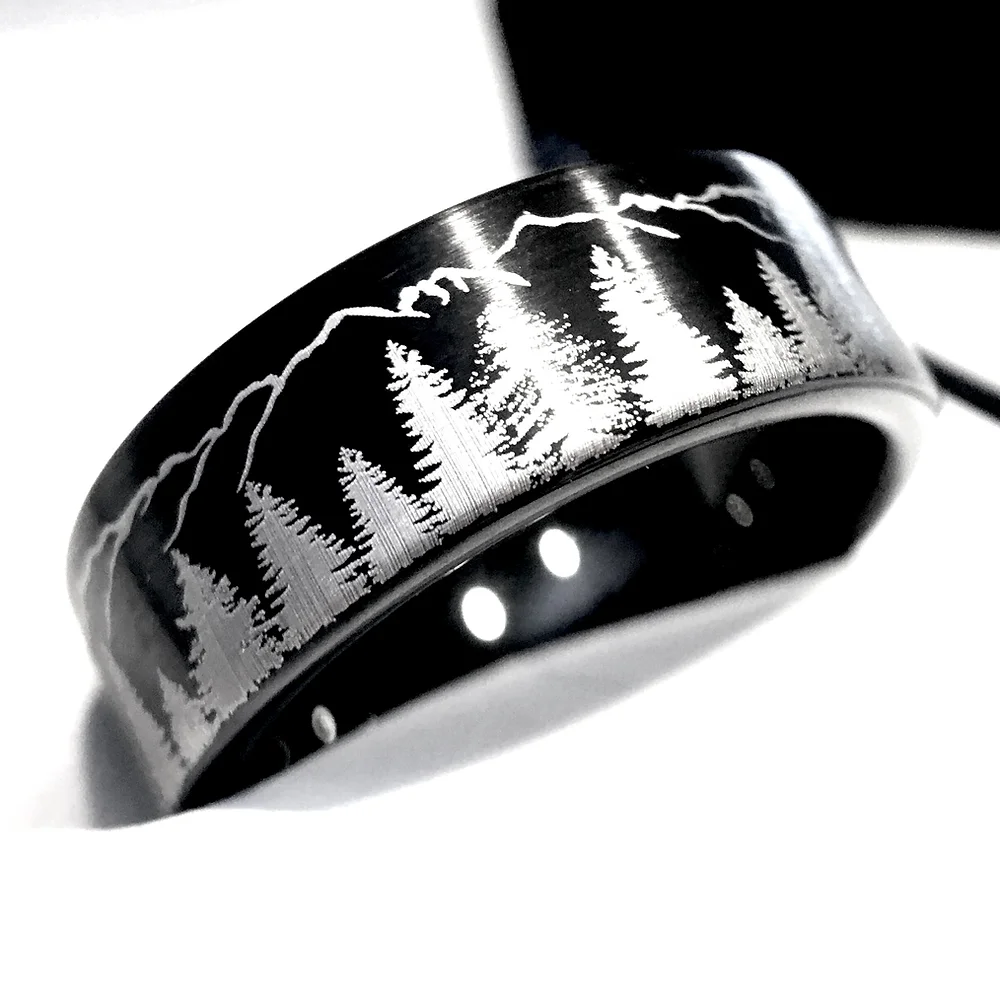 Fir Trees And Mountains Black Brushed Tungsten Ring Mens