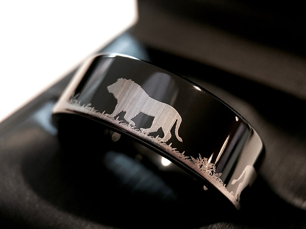 Thumbnail: Lions Pattern Engraved Black Tungsten Carbide Ring, Mens Ring, Wedding Band
