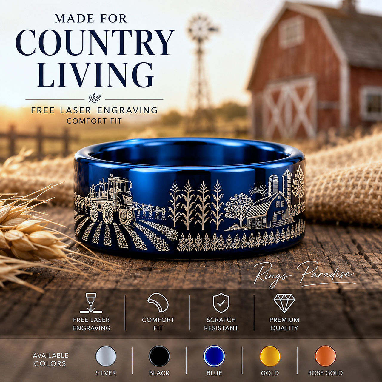 Blue Farm Ring with Country Landscape Engraving
