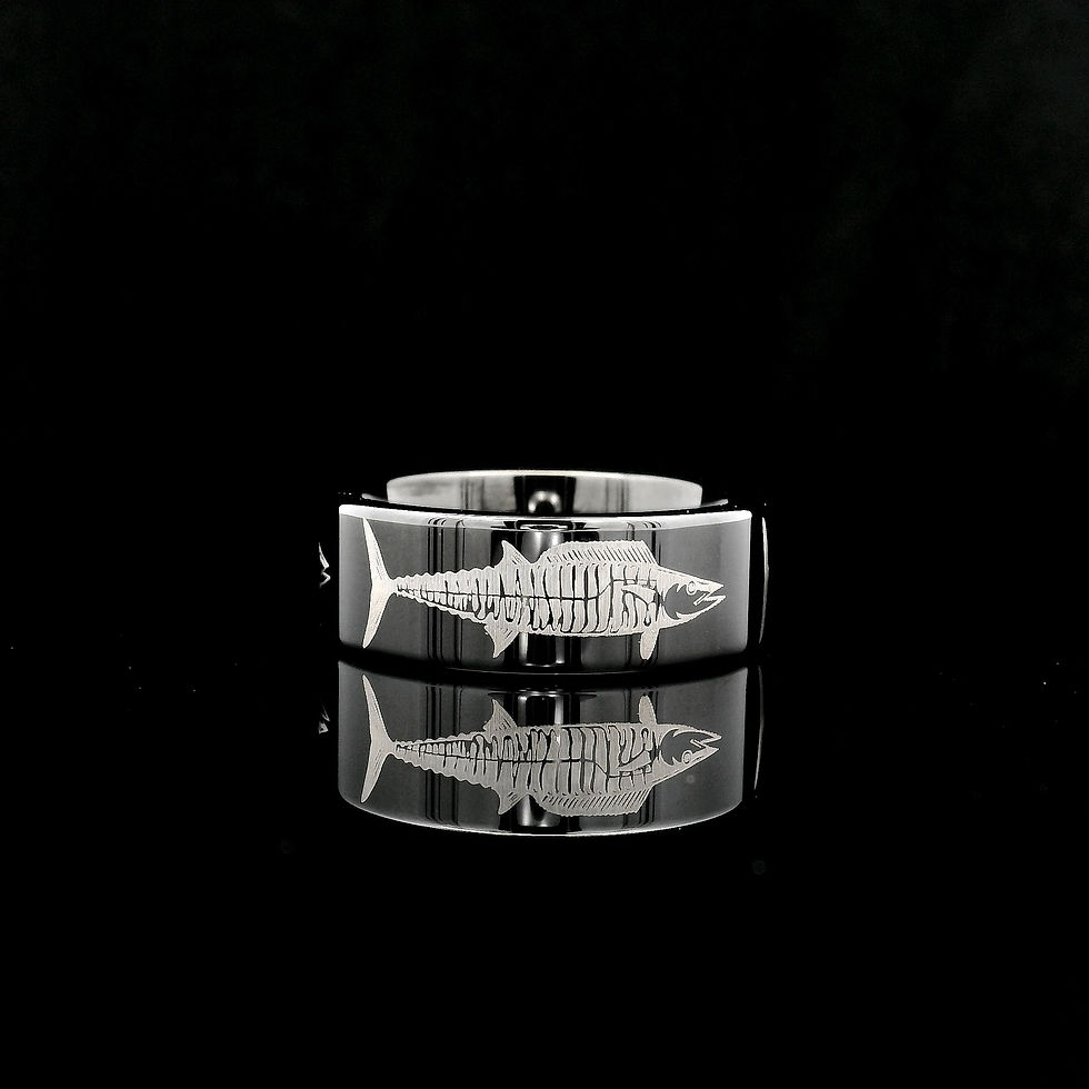Thumbnail: Wahoo Fish Engraved Black Tungsten Carbide Ring – Fisherman Wedding Band – Ocean-Themed Jewelry