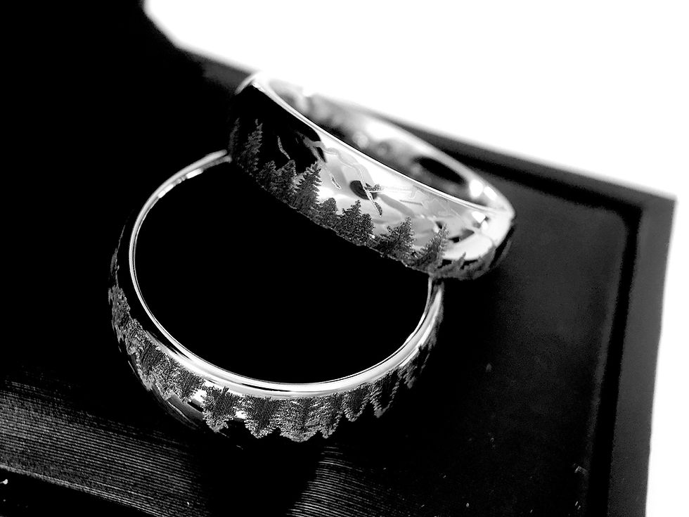 Thumbnail: Fir Trees Mountains Pattern Engraved Tungsten Carbide Ring,His Hers Promise Ring