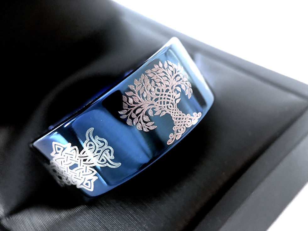 Celtic Ring, Tree of Life Pattern Engraved Blue Tungsten Carbide Ring, Mens Ring