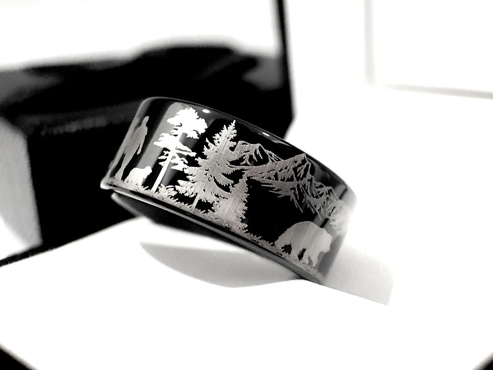 Thumbnail: Tungsten Ring with Engraved Forest Scene – Man and Woman Walking with Dogs – Animal Pattern Comfort Fit Band