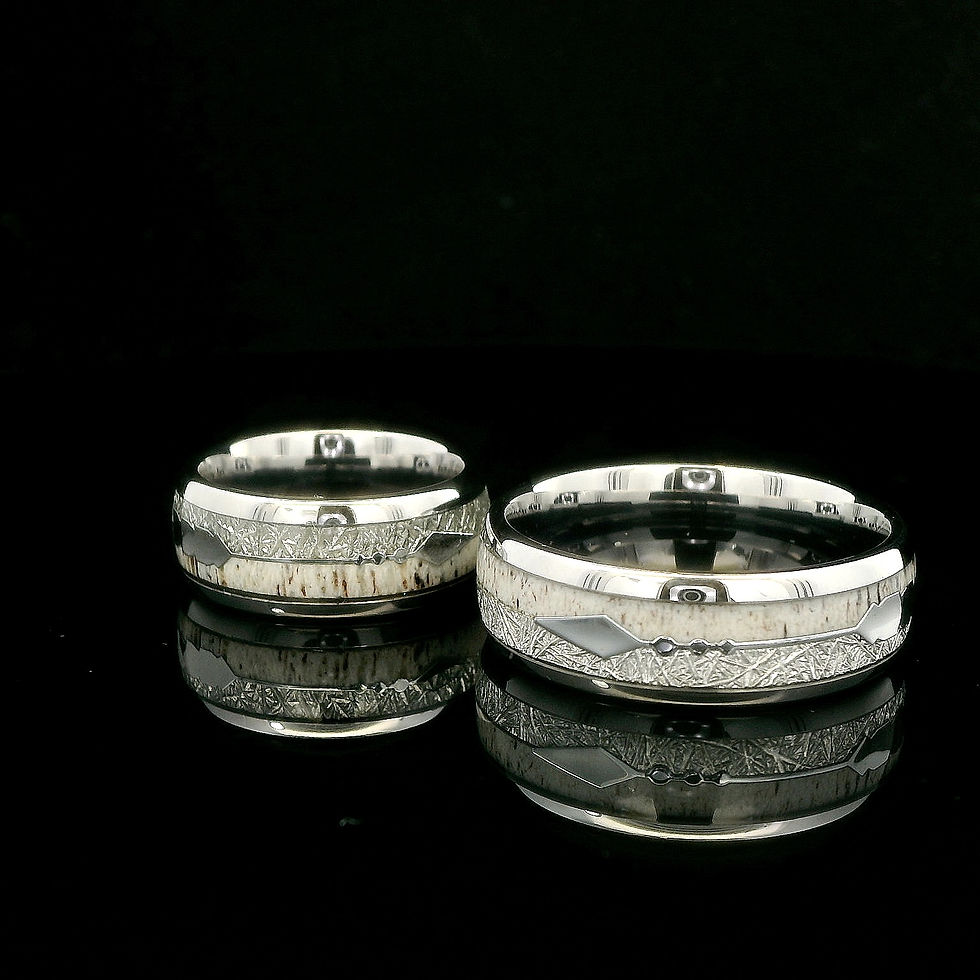 Thumbnail: His and Hers Tungsten Carbide Wedding Bands with Antler and Meteorite Inlays, Comfort Fit, 8mm, wedding bands