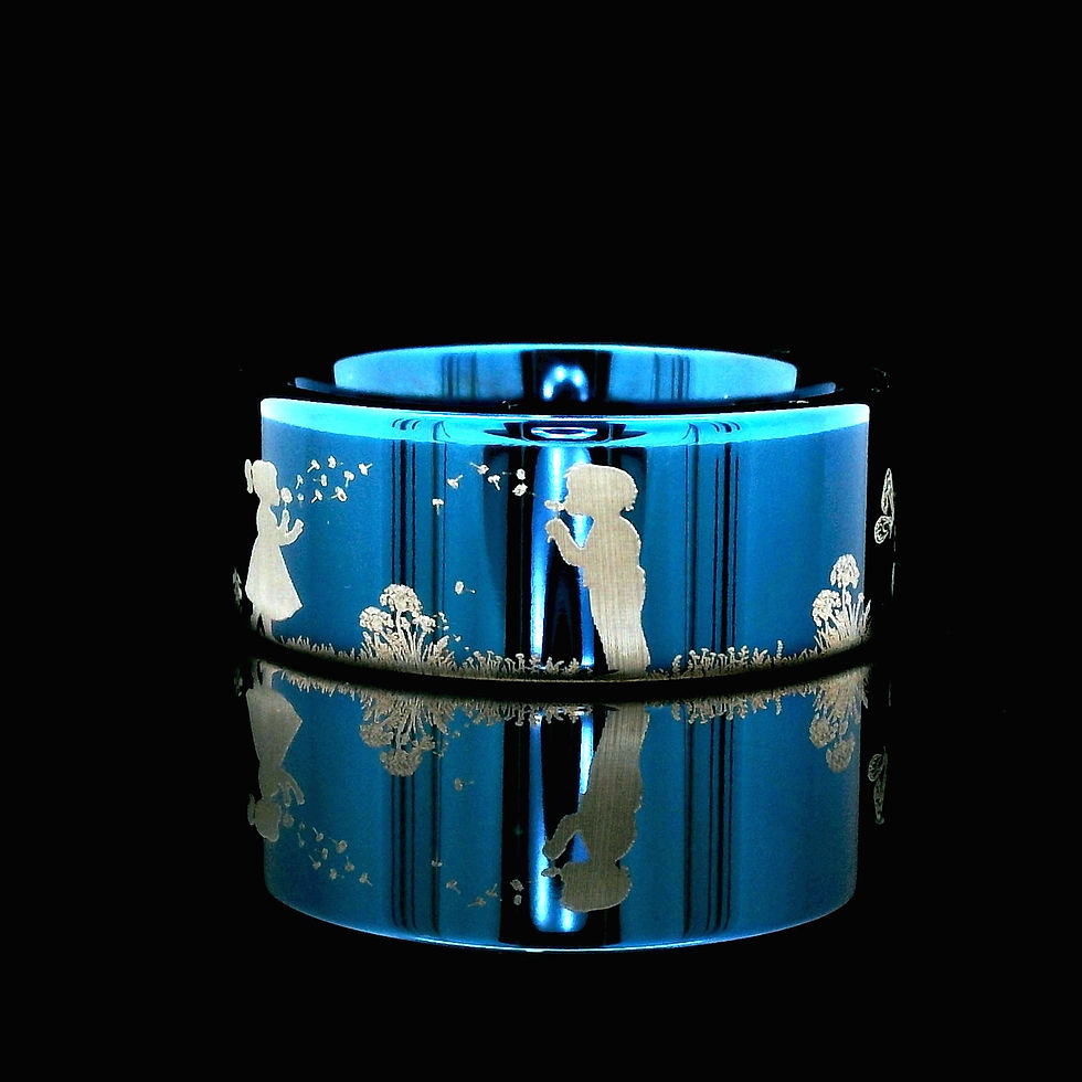Thumbnail: Blue tungsten ring engraved with kids playing in dandelion field, 8mm comfort fit personalized wedding band