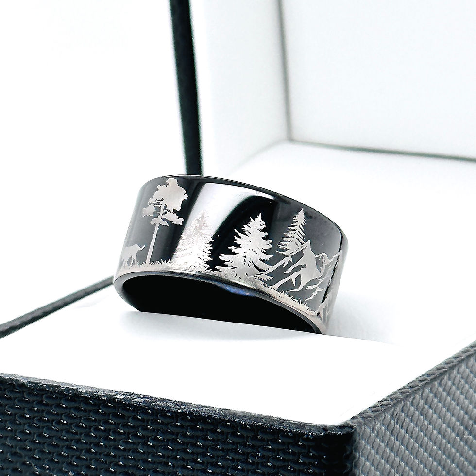 Thumbnail: Black tungsten carbide ring engraved with people walking dogs in a forest.