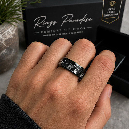 Wolf and Fox Ring With Mountain Engraving | Tungsten Band 8mmRings