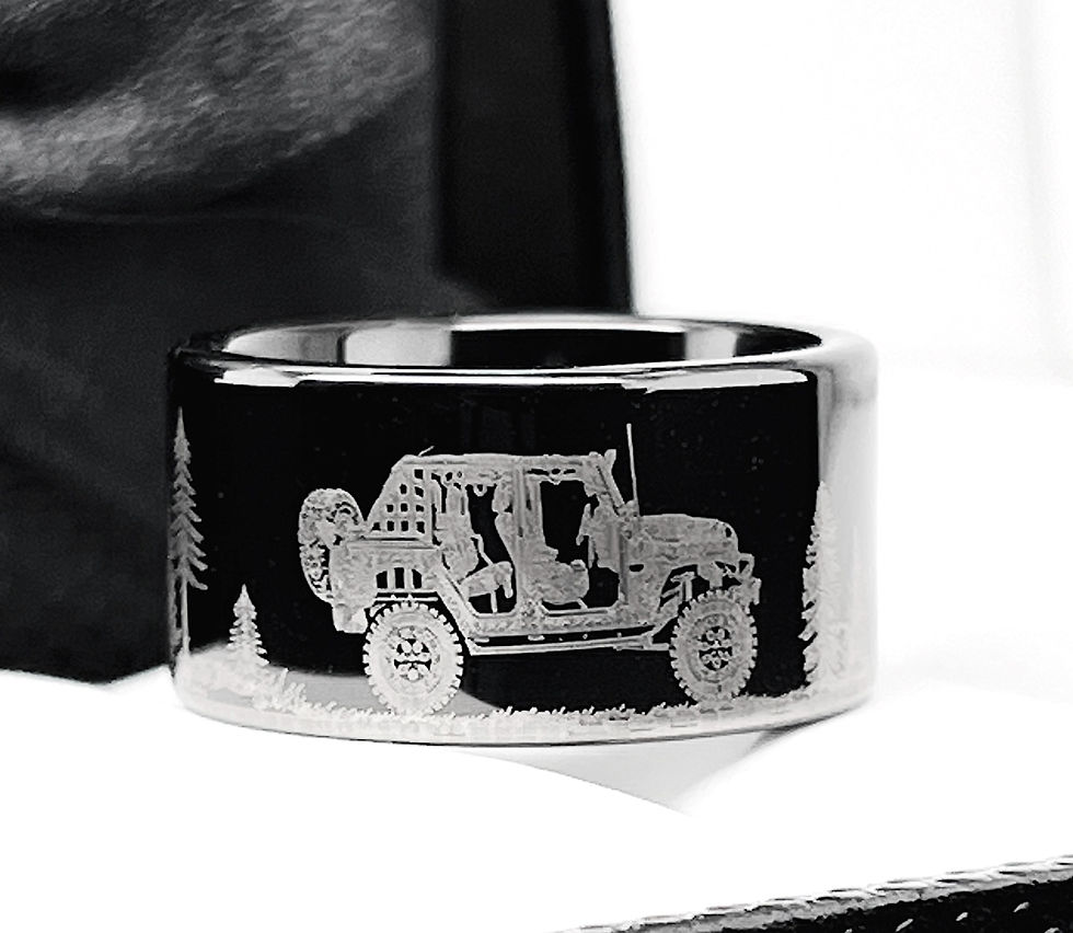Thumbnail: Jeep Car Pattern Engraved Black Tungsten Carbide Ring | Men's Wedding Band | Automotive-Inspired Jewelry | Gift for Husband