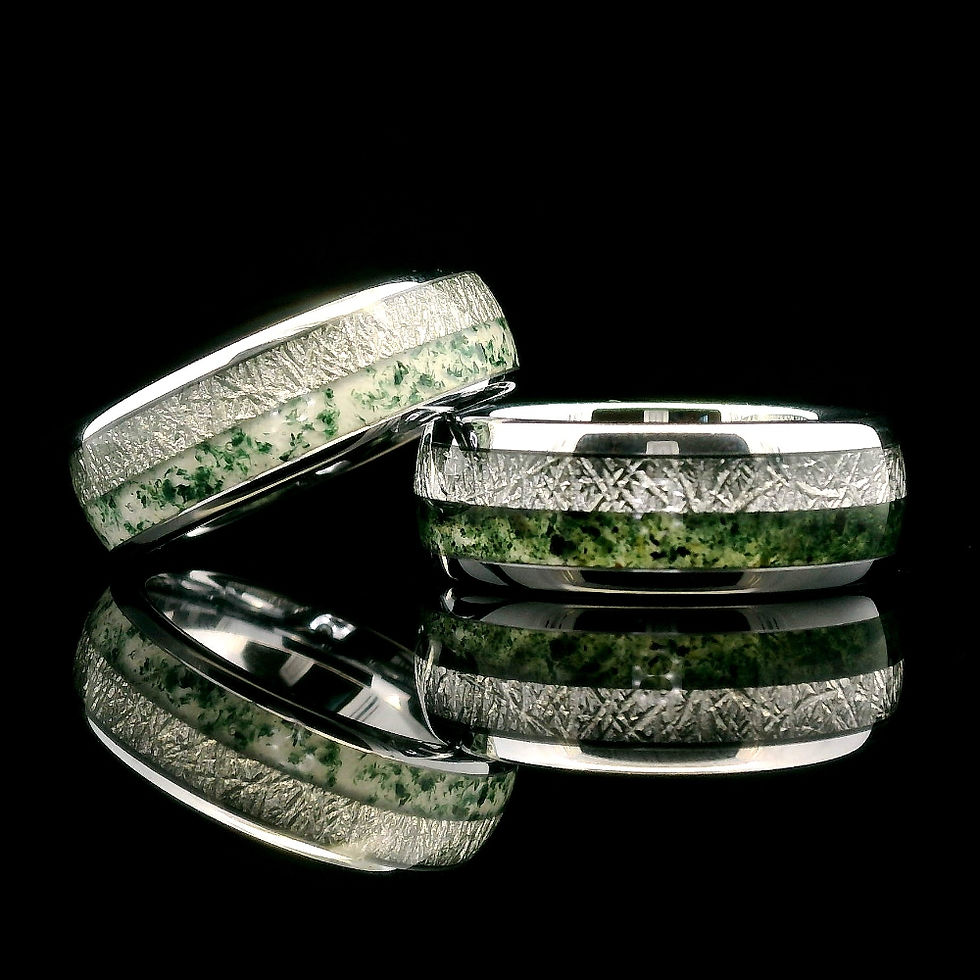 Matching tungsten wedding bands with meteorite and green moss inlay, his and hers 8mm comfort-fit rings, polished nature-insp