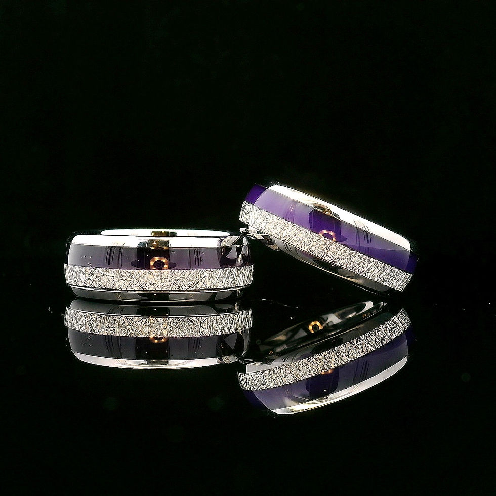 Thumbnail: His and Hers Wedding & Engagement Rings with Purple Agate and Meteorite Inlay – 6mm & 8mm Tungsten Bands
